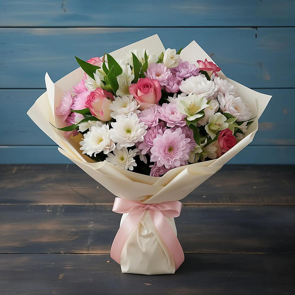 Букет цветов из: Хризантемы, Альстромерии и Розы в Милютинской